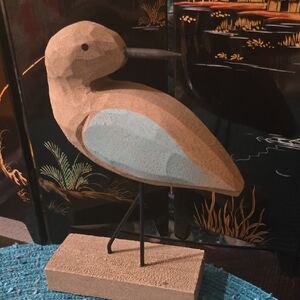 Wooden Shore Bird Sculpture with Blue Accents
